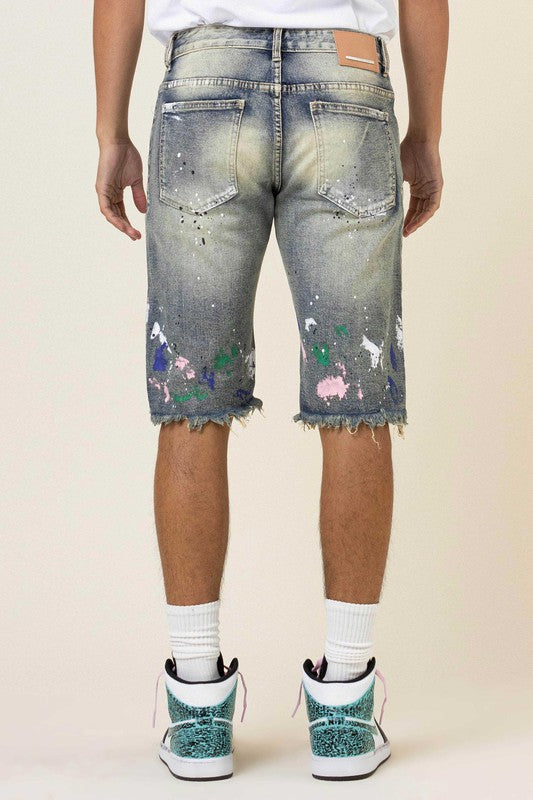 Pantalones cortos de mezclilla Rip 7 Repair con pintura a mano e impresión de logotipo