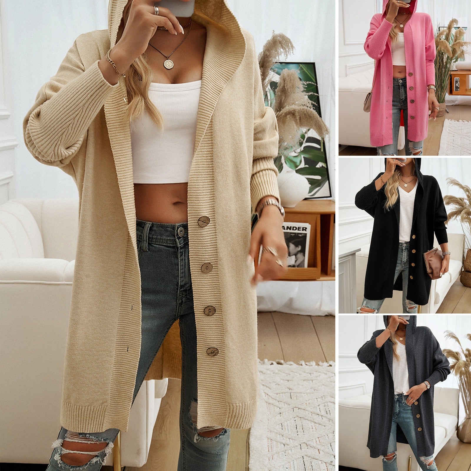 Autumn and winter new casual loose cardigan breasted hooded sweater jacket women's clothing