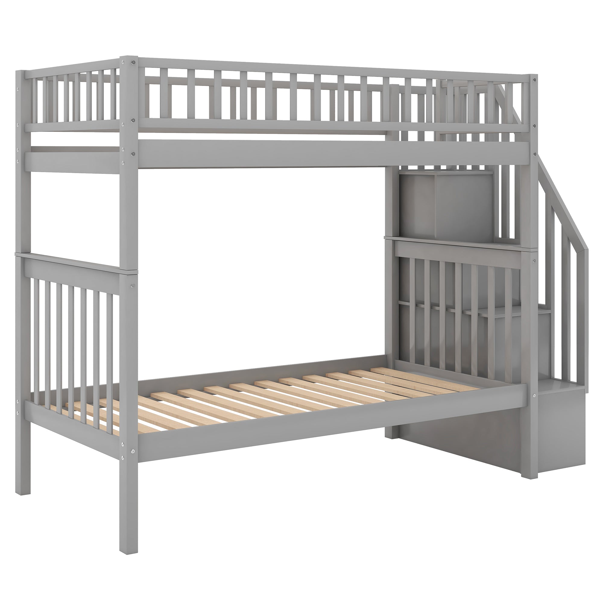 Twin over Twin Bunk Bed with Trundle and Storage  Gray