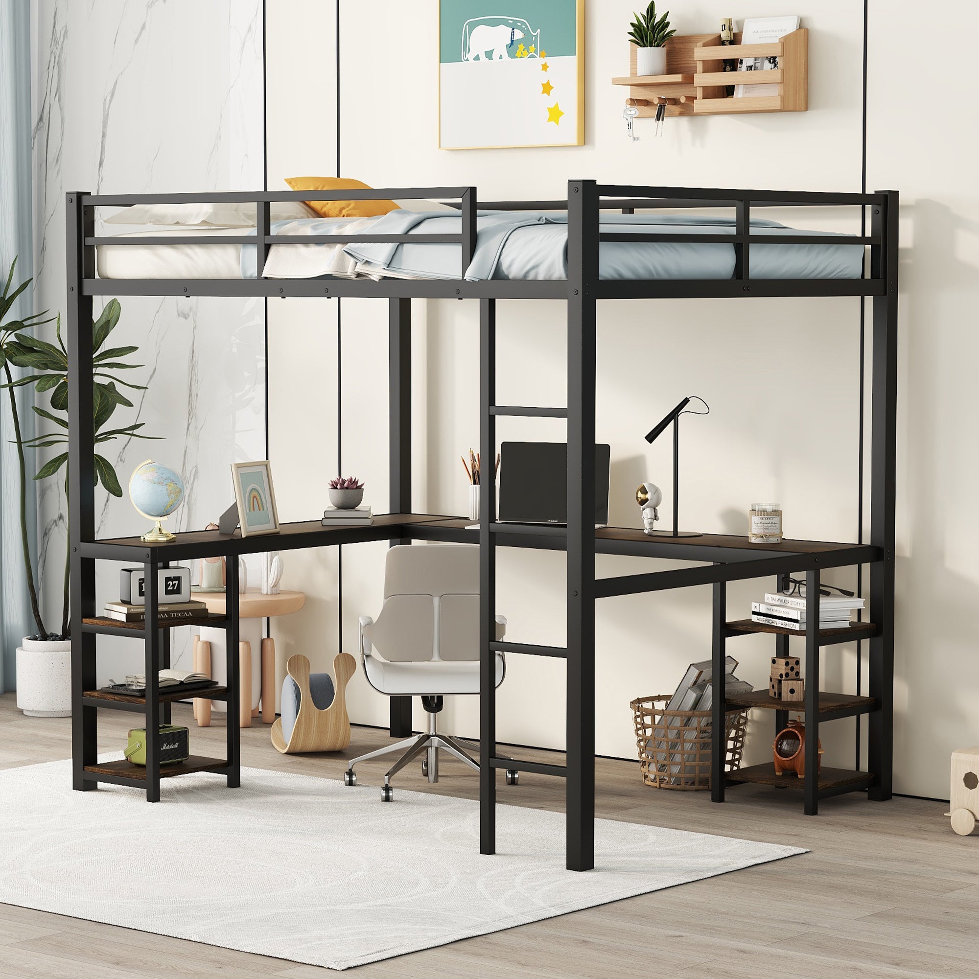 Full metal loft bed with desk and shelf, loft bed with ladder and guardrail, black with retro wood desk