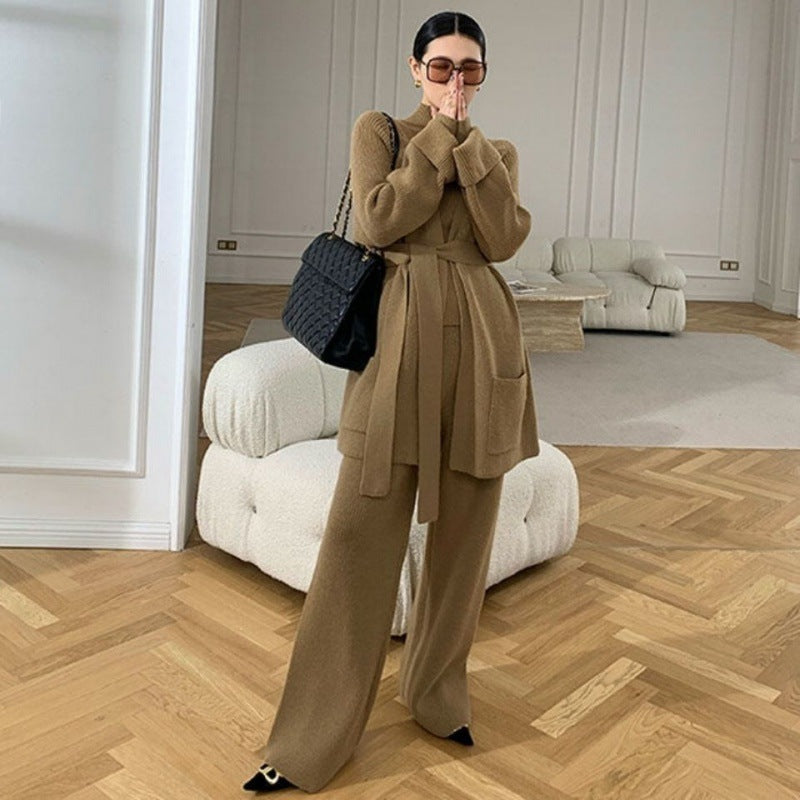 Autumn And Winter Suit Female Celebrity Temperament Turtleneck Sweater Wide Leg Pants Sweater Jacket Slimming Three-Piece Set