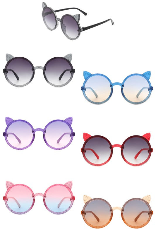 Gafas de sol para niñas con diseño de orejas de gato redondas y purpurina