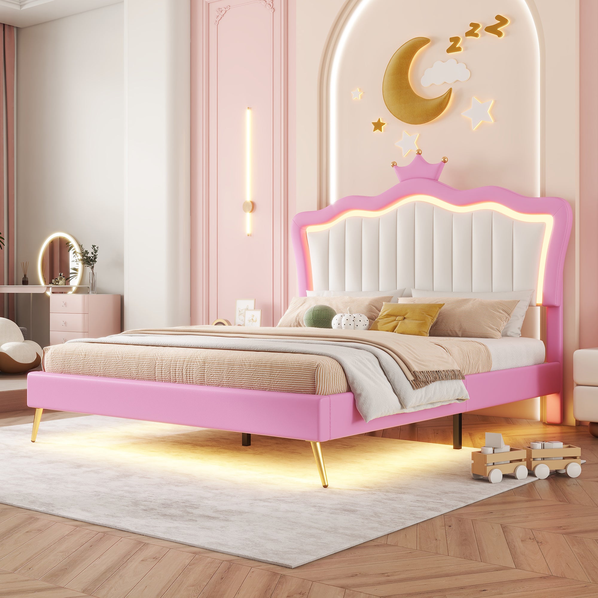 Cadre de lit rembourré pleine grandeur avec lumières LED, lit de princesse rembourré moderne avec tête de lit couronne, rose + blanc