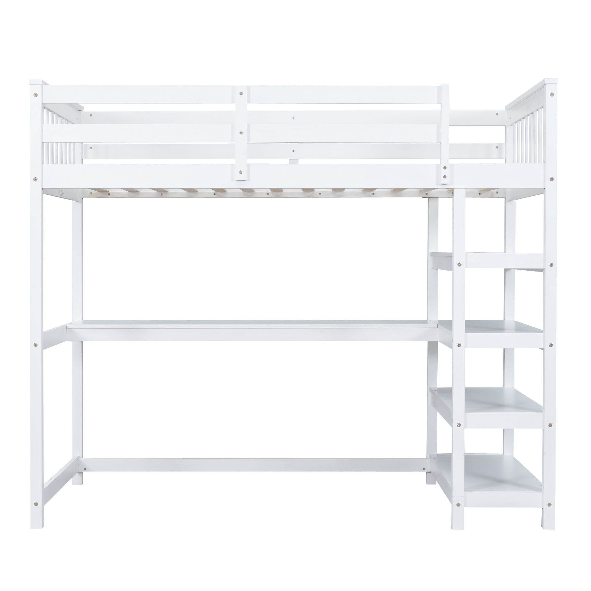 Twin Size Loft Bed with Storage Shelves and Under-bed Desk  White