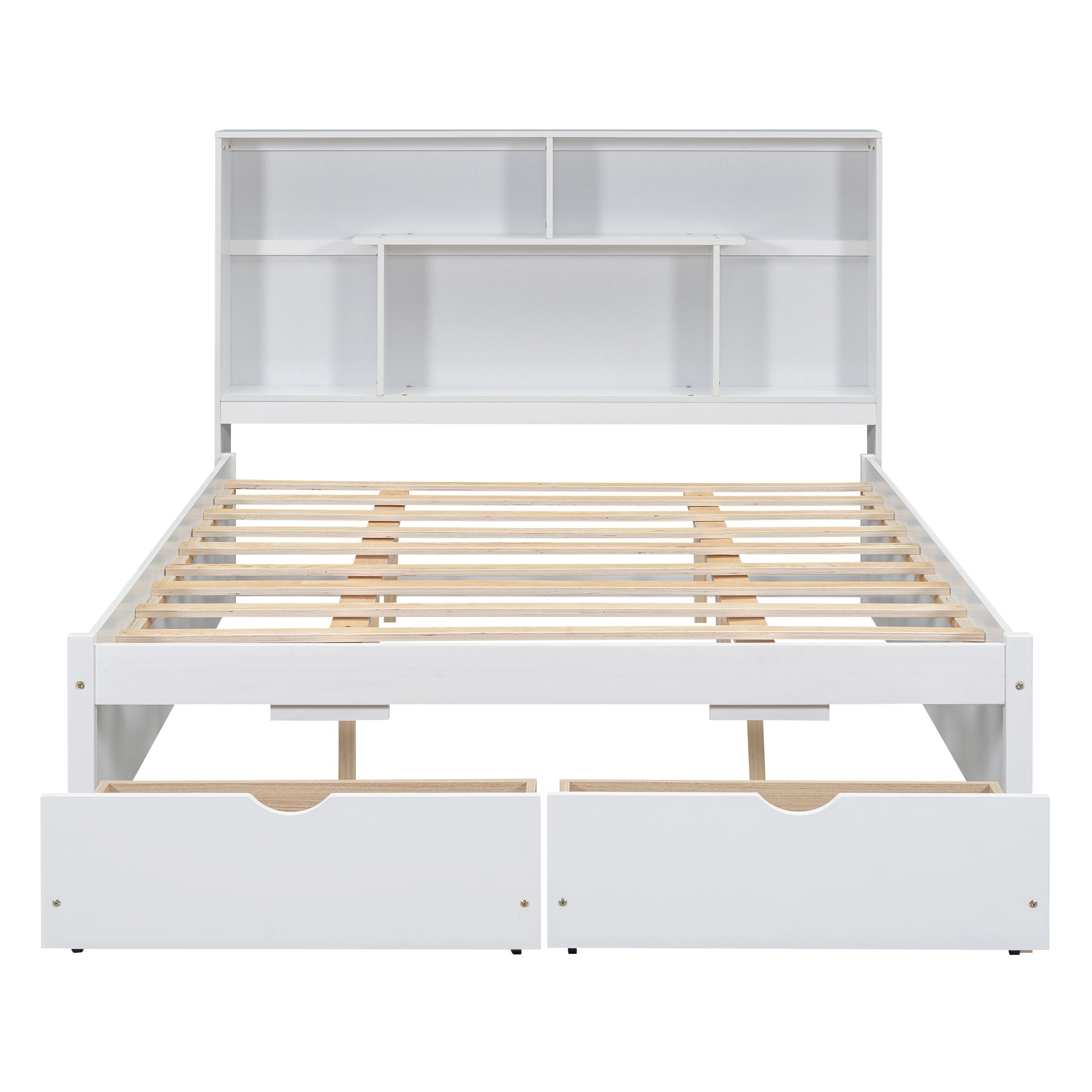 Queen Size Platform Bed with Storage Headboard and 2 Drawers, White