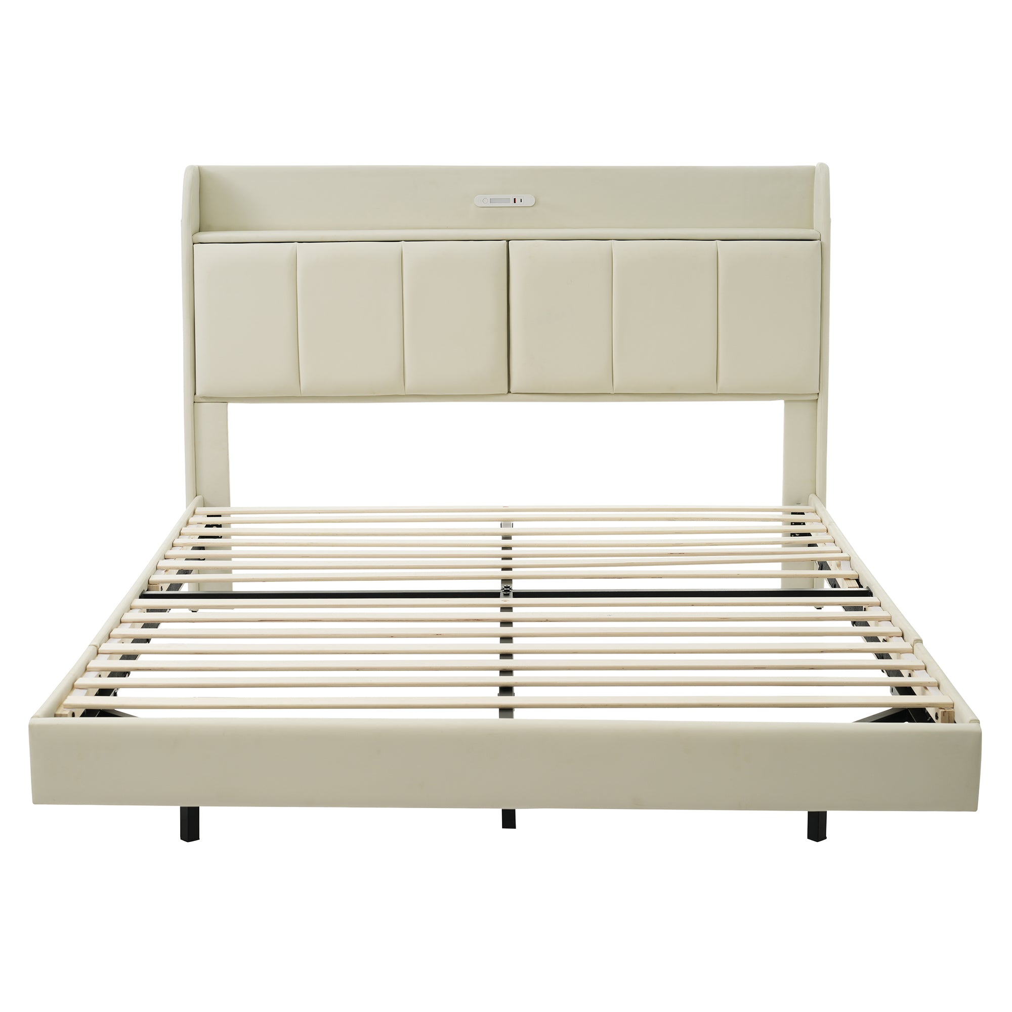 Large floating bed frame with storage headboard, touch sensor, night light and USB charger, padded platform bed, beige color