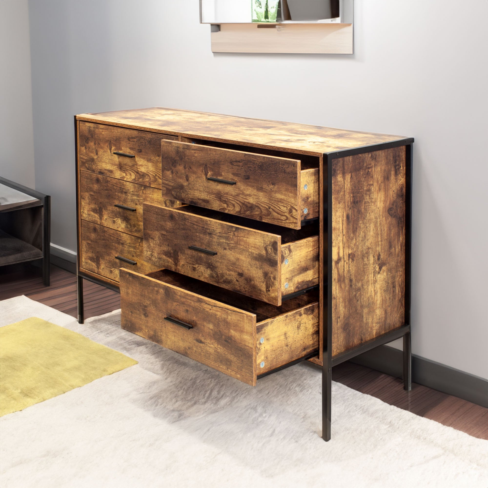 Commode double à 6 tiroirs de style industriel en bois brun rustique avec cadre en acier robuste