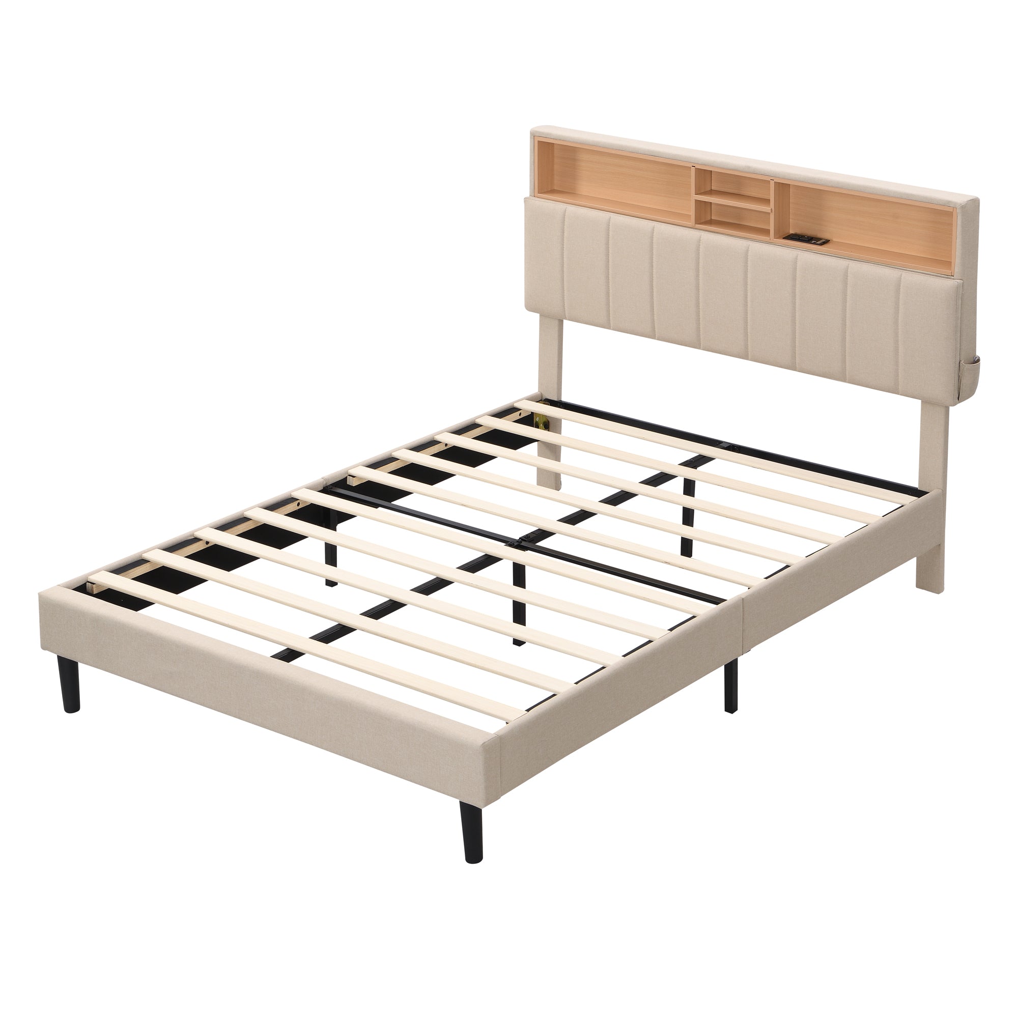 Full size Upholstered Platform Bed with Storage Headboard and USB Port Linen Fabric Upholstered Bed (Beige)