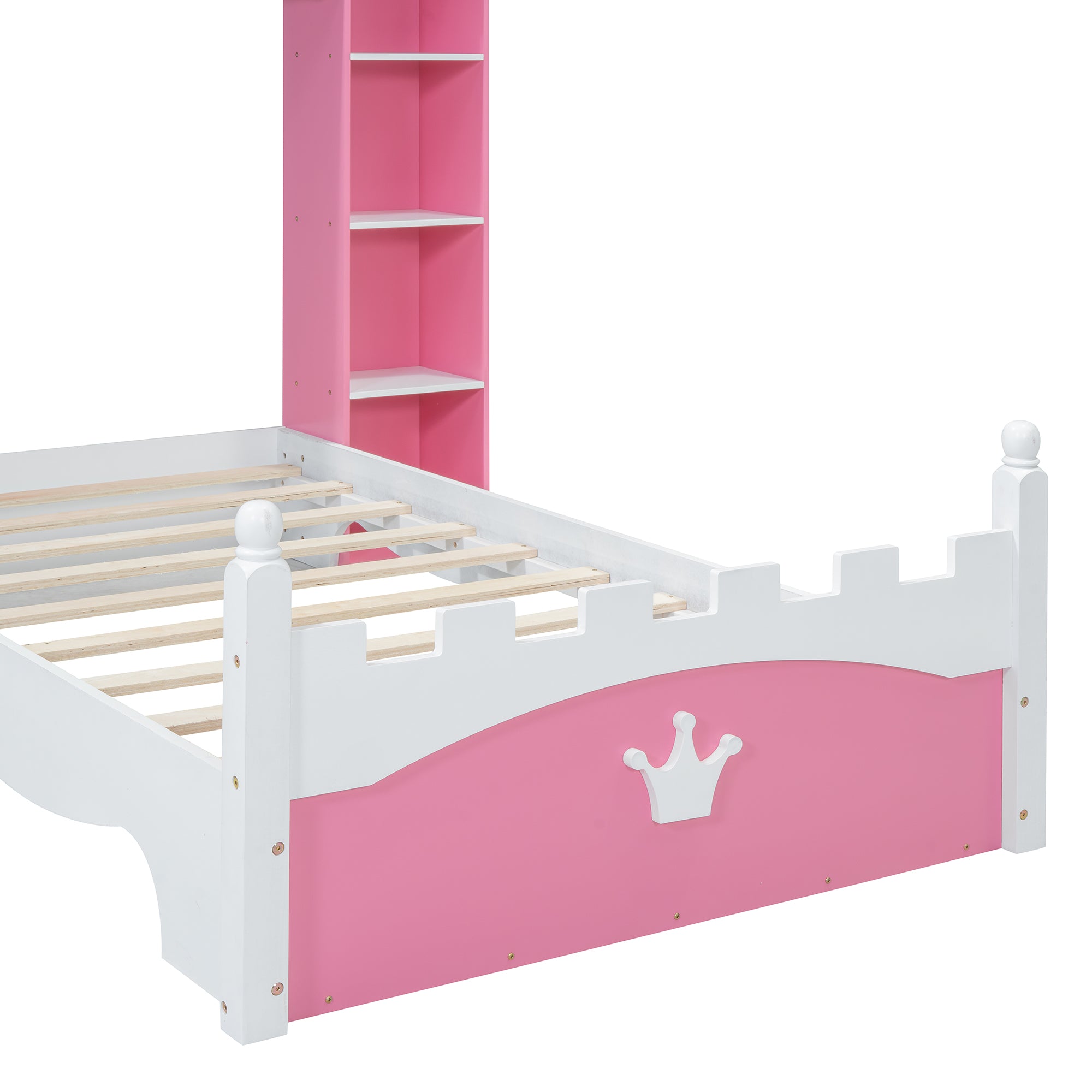 Cama de madera en forma de castillo con estante de almacenamiento, cama de plataforma de tamaño doble de ensueño para dormitorio infantil, rosa y blanco