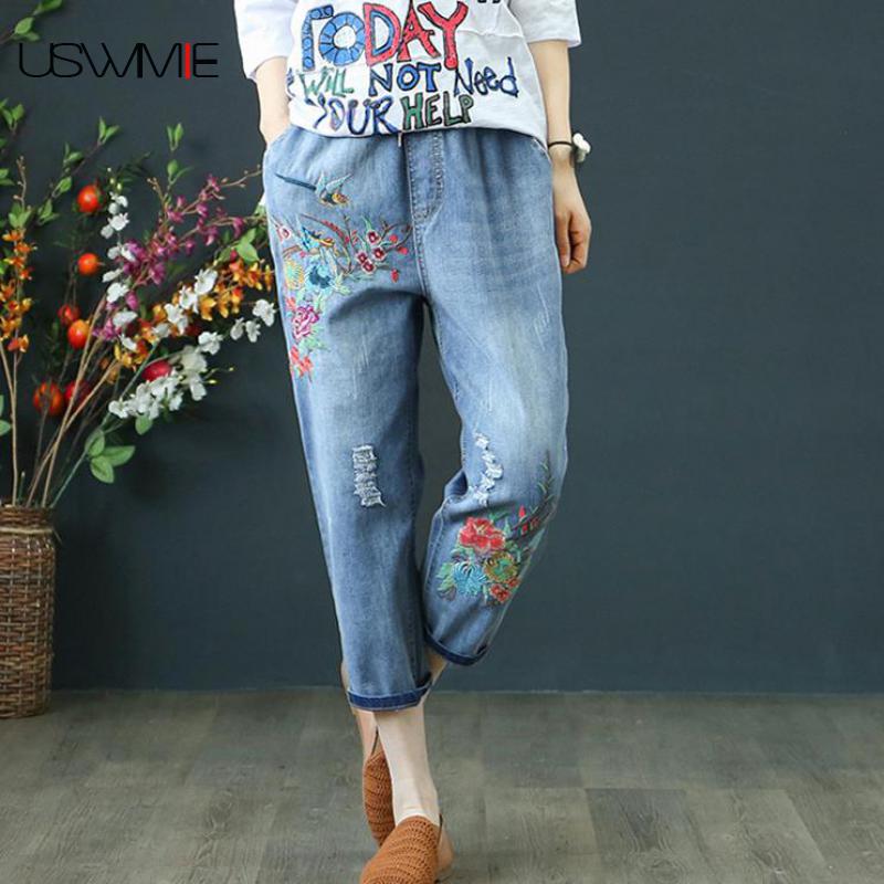 Summer Womens Jeans Denim Retro Embroidery Drawstring Holes Loose Comfort Casual Cowboy Female Seven Plus Size Women pants