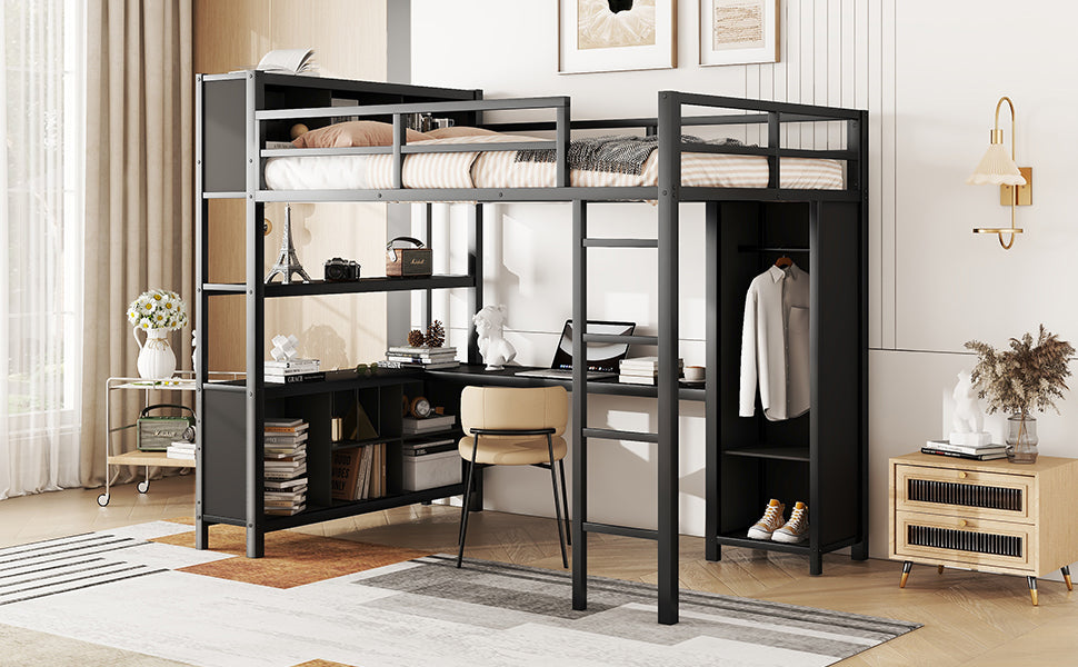 Metal loft bed with wardrobe and L-shaped desk, full-size loft bed with storage cabinet and shelf, heavy-duty loft bed, black