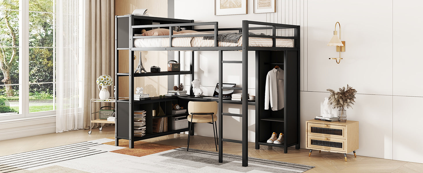 Metal loft bed with wardrobe and L-shaped desk, full-size loft bed with storage cabinet and shelf, heavy-duty loft bed, black