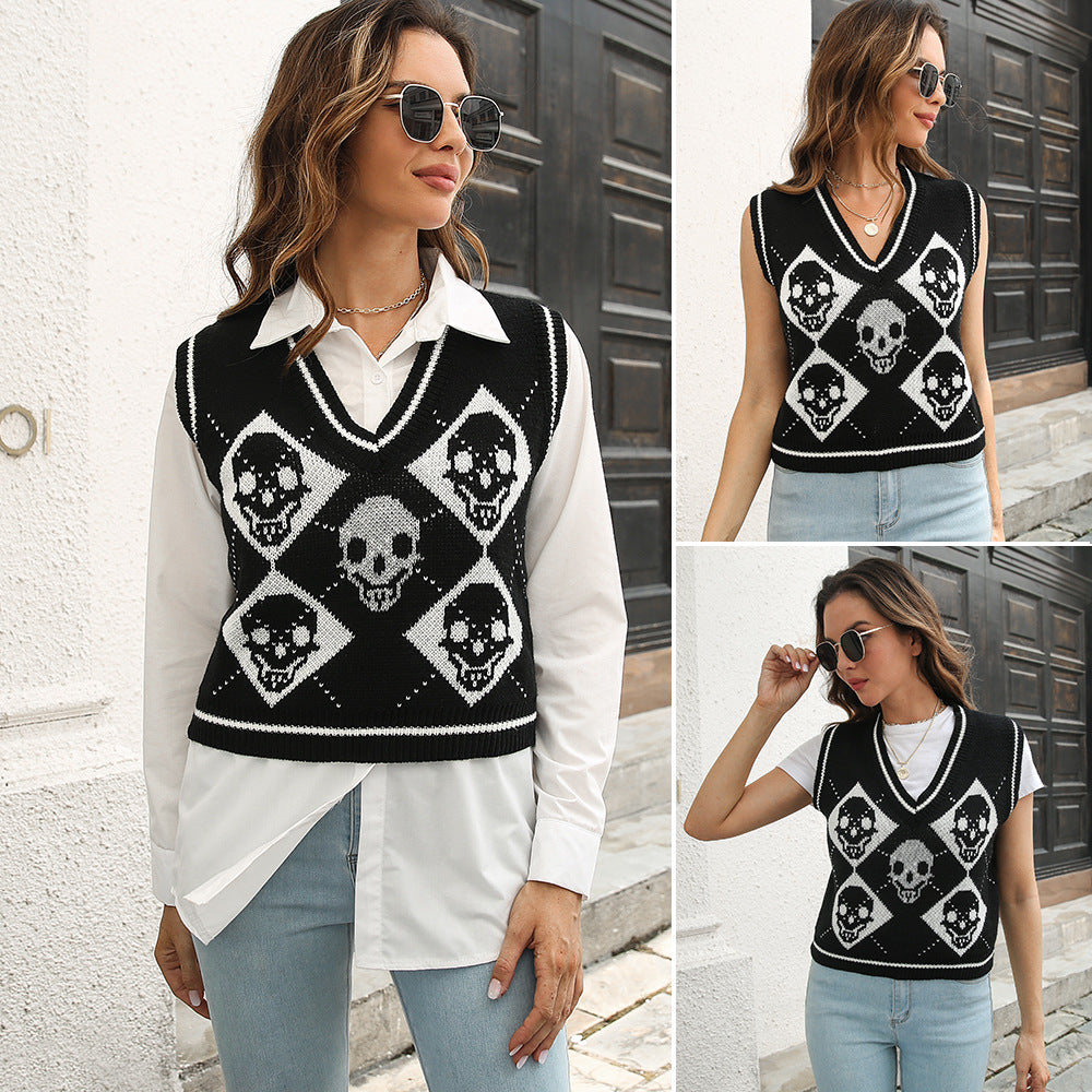 Halloween Skull Jacquard Lingerie Vest Sweater Women's Vest Autumn And Winter Sweater