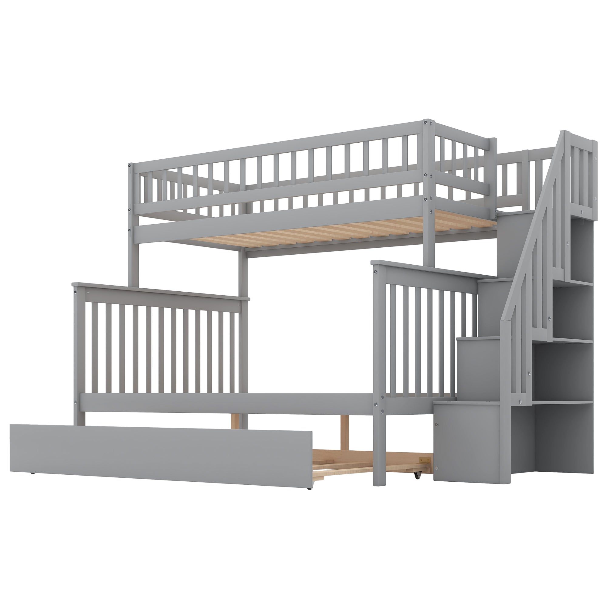 Twin over Full Bunk Bed with Trundle and Staircase Gray