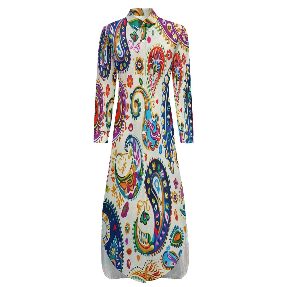 Qreatrz Multi Print and Solid Button Neck Long Sleeve Shirt Dress