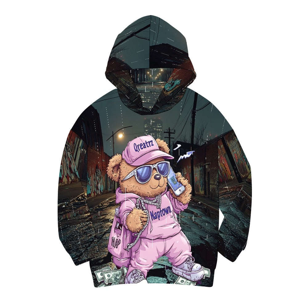 Qreatrz Plum Naptown Indiana in the Streets Teddy Bear Dropped Sleeve Hoodie