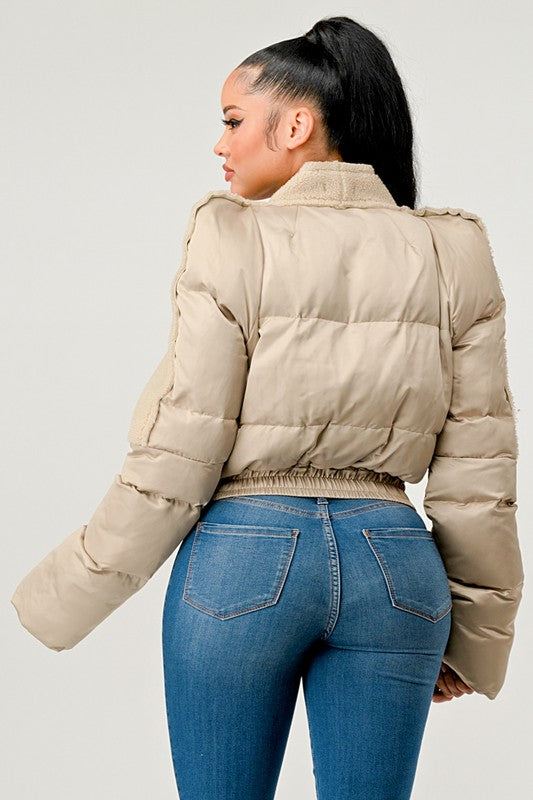 Plush Puff Sleeve Bomber Jacket