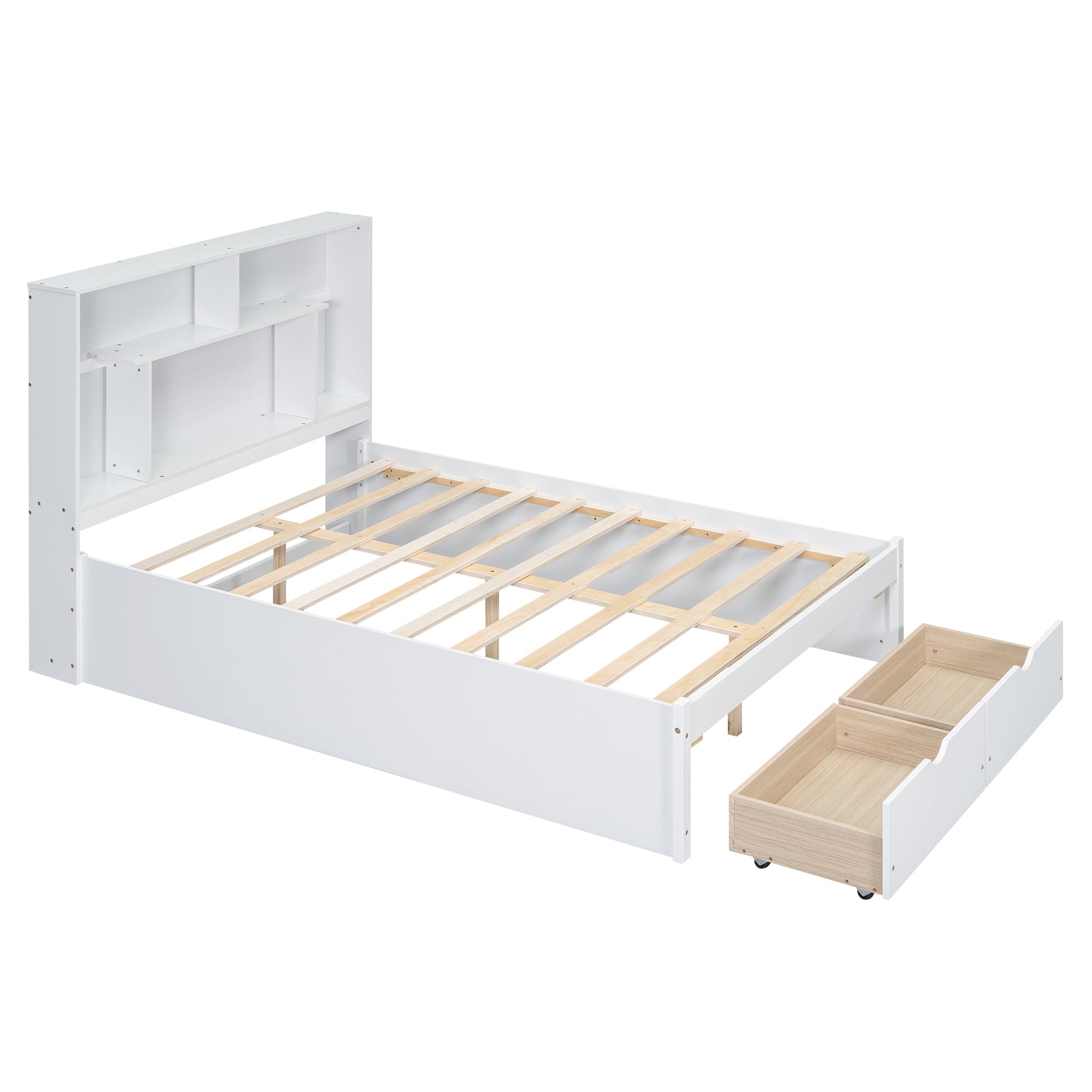 Cama de plataforma de tamaño completo con cabecera con espacio de almacenamiento y 2 cajones, color blanco