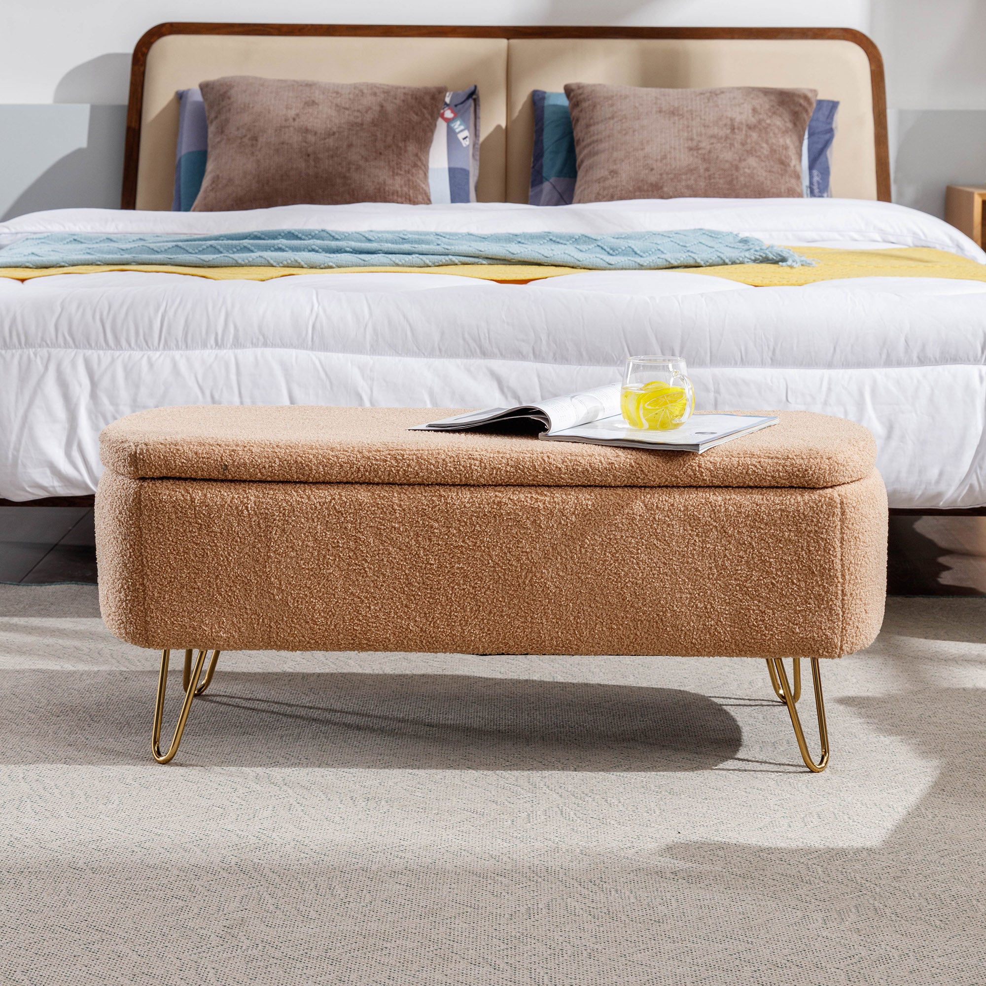 Camel Storage Ottoman Bench for End of Bed Gold Legs