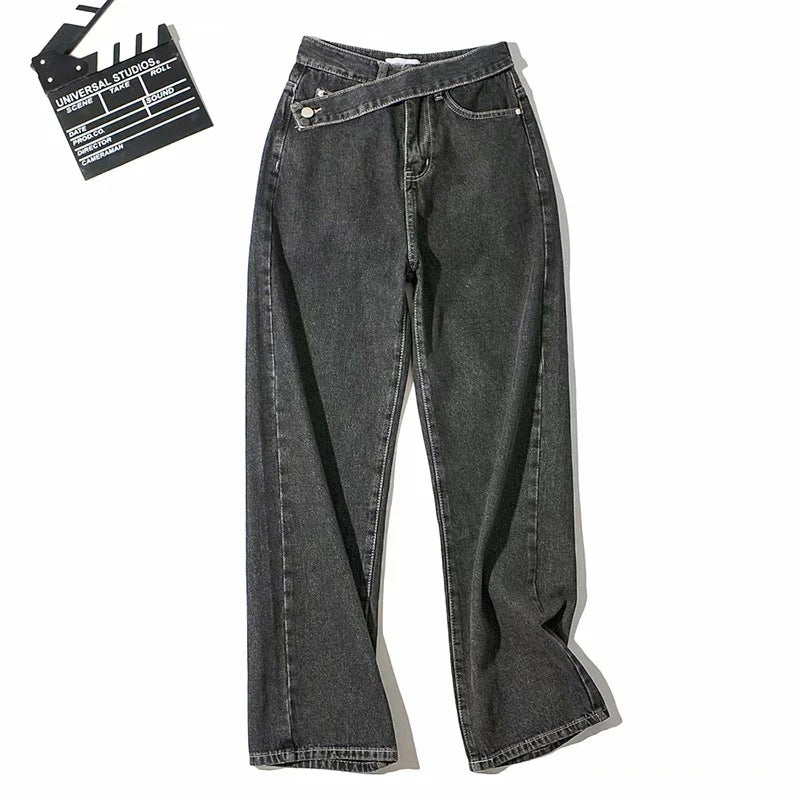 Women's Autumn New Retro Oblique Belt Design High Waist Straight Wide Leg Mopping Long Jeans