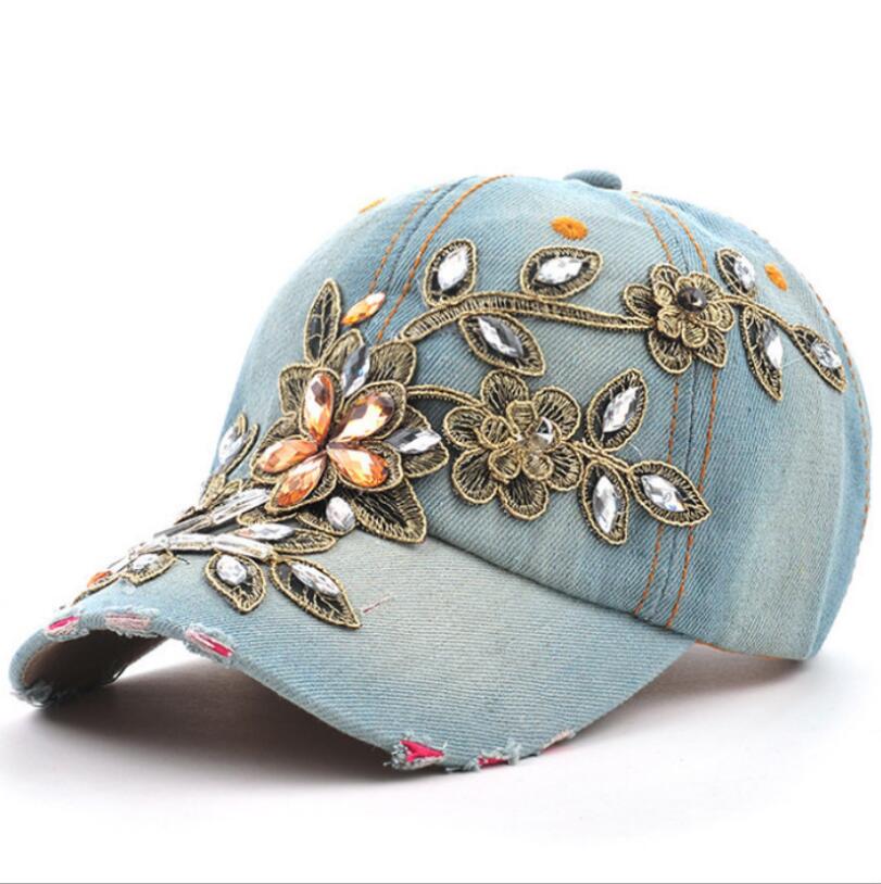 Gorra de béisbol para mujer con bordado de flores y pintura de diamantes, gorra vaquera con cierre trasero, gorra vaquera para mujer, gorra vaquera para el sol de verano