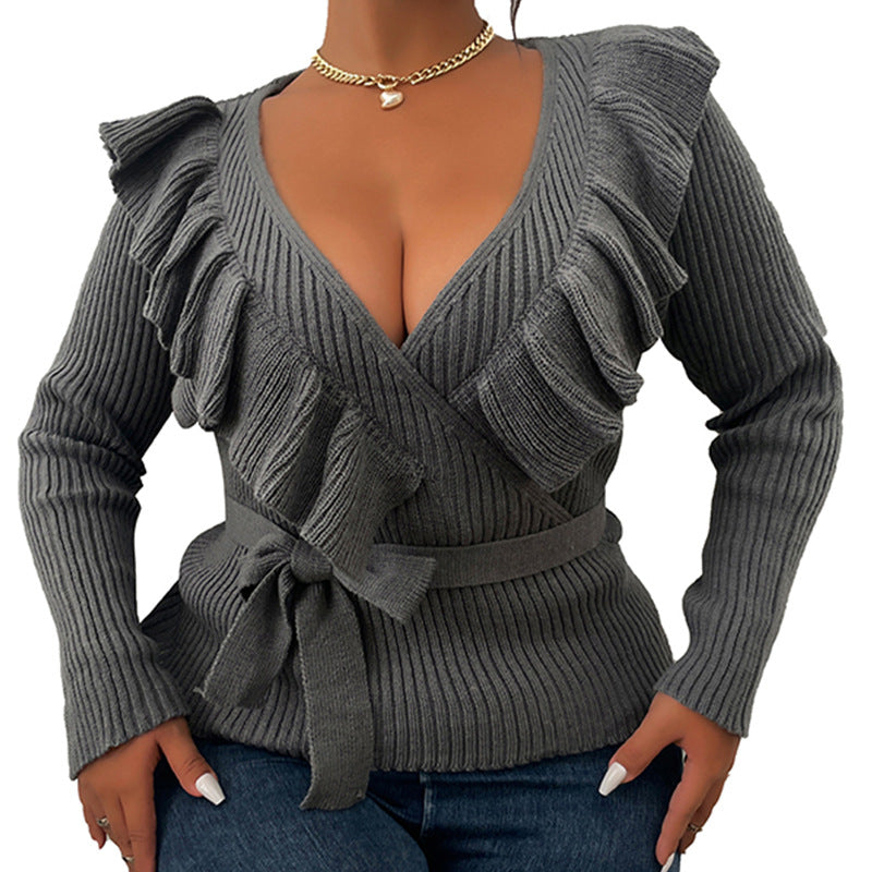 Autumn And Winter New Large Size V-Neck Solid Color Knitted Sweater Fashion Loose Sweater Women