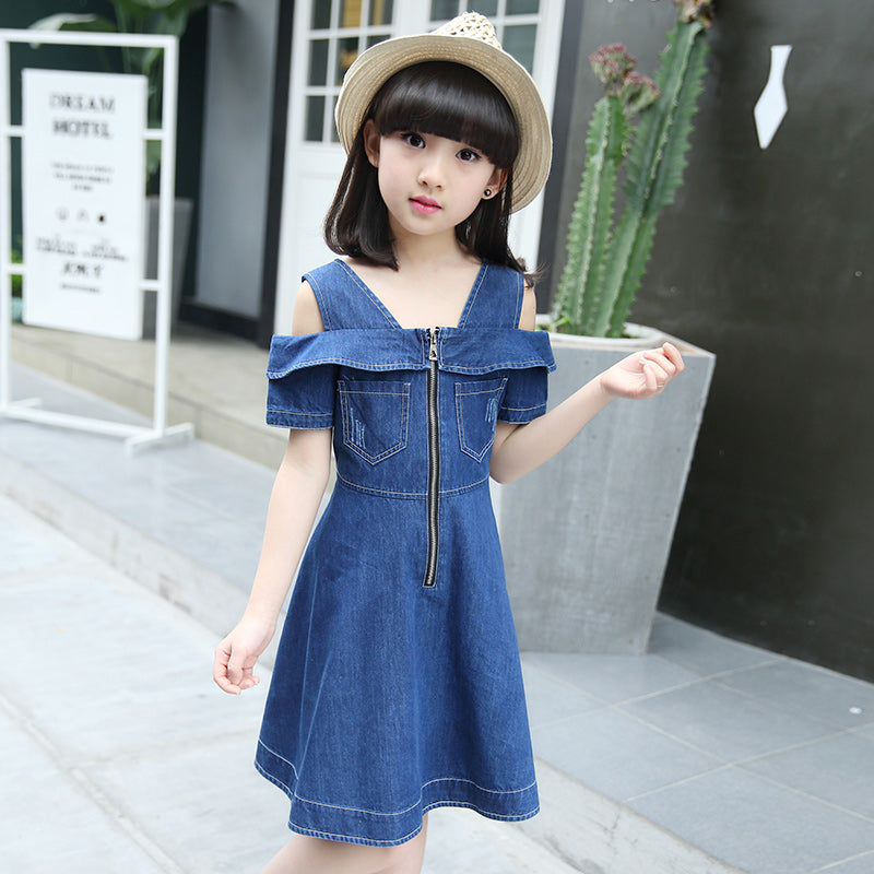 Girls Denim Dresses for Children Jean Clothes Casual Dress Blue Short Sleeve Jeans