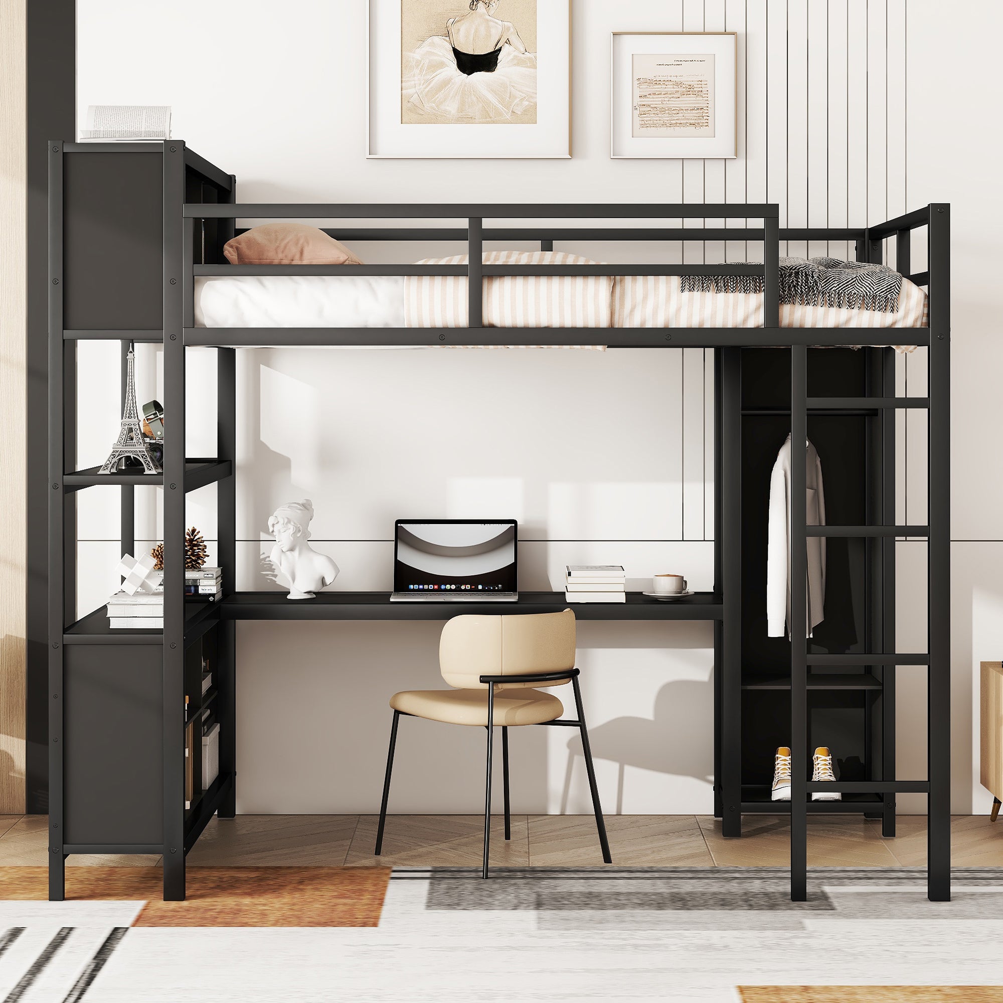 Metal loft bed with wardrobe and L-shaped desk, full-size loft bed with storage cabinet and shelf, heavy-duty loft bed, black