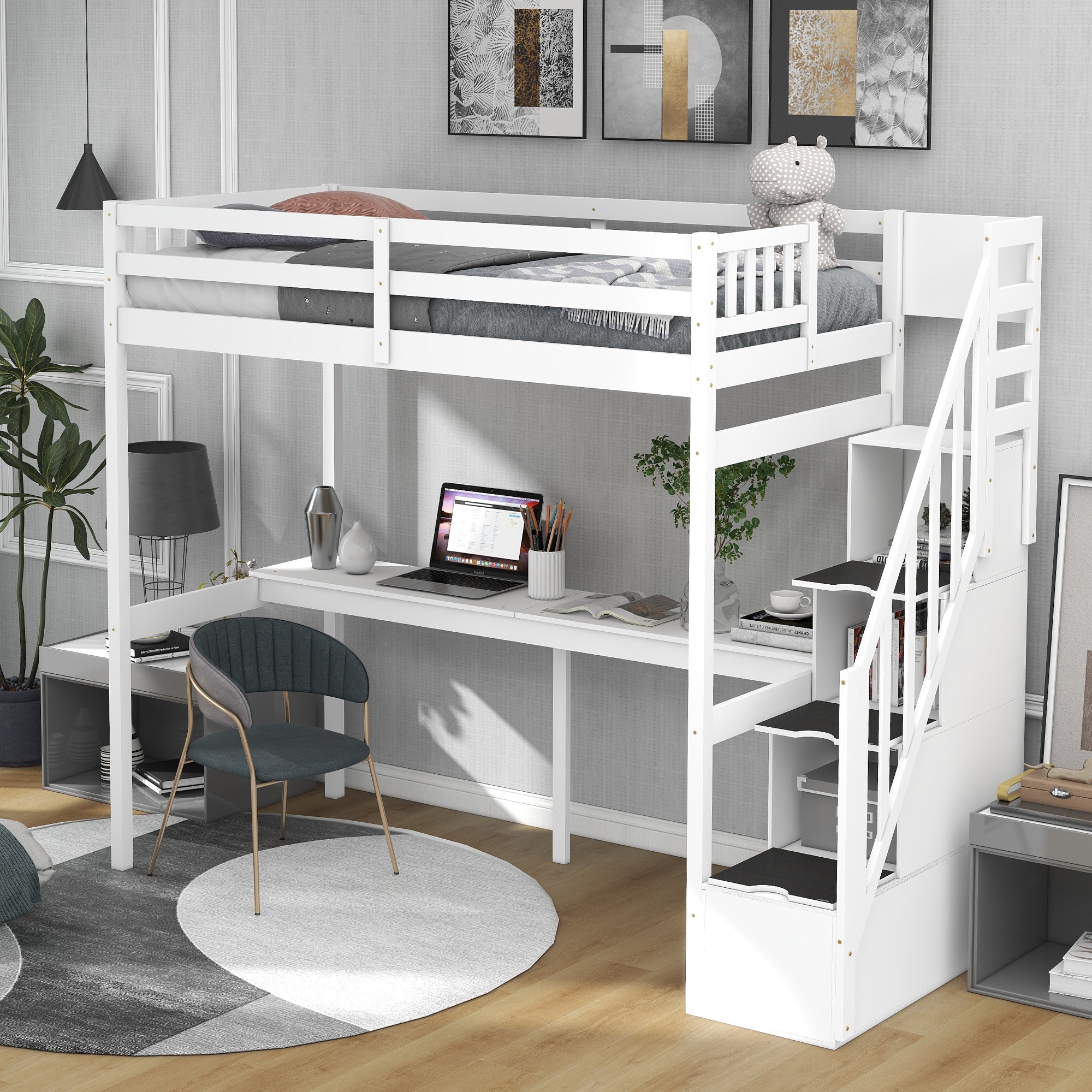 Twin Size Loft Bed with Storage Staircase and Built-in Desk, White