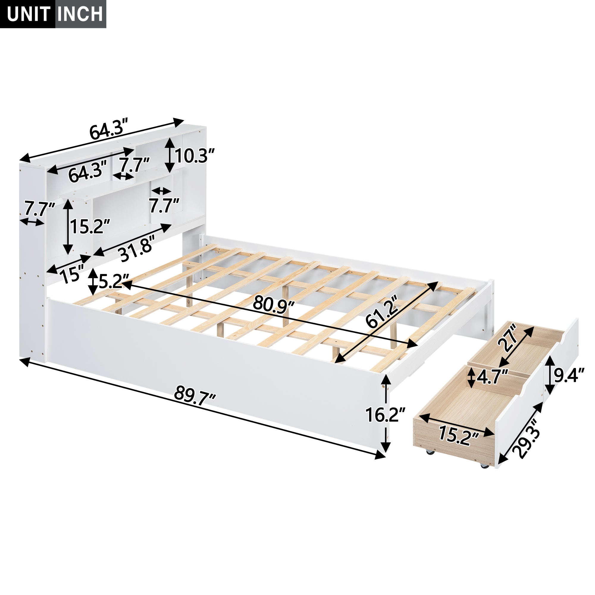 Queen Size Platform Bed with Storage Headboard and 2 Drawers, White