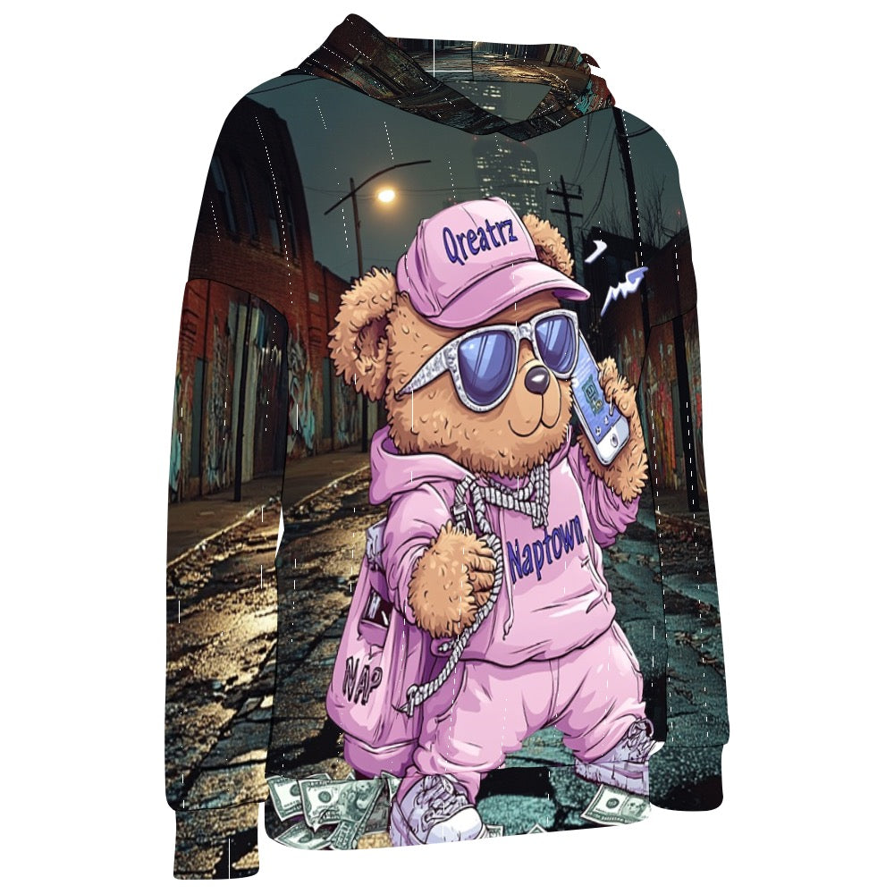 Sudadera con capucha de manga caída con diseño de osito de peluche de Qreatrz Plum Naptown Indiana in the Streets