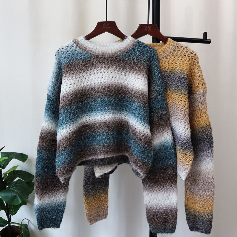 Round neck gradient striped knitted sweater top with loose and soft texture design, sweater pullover for women