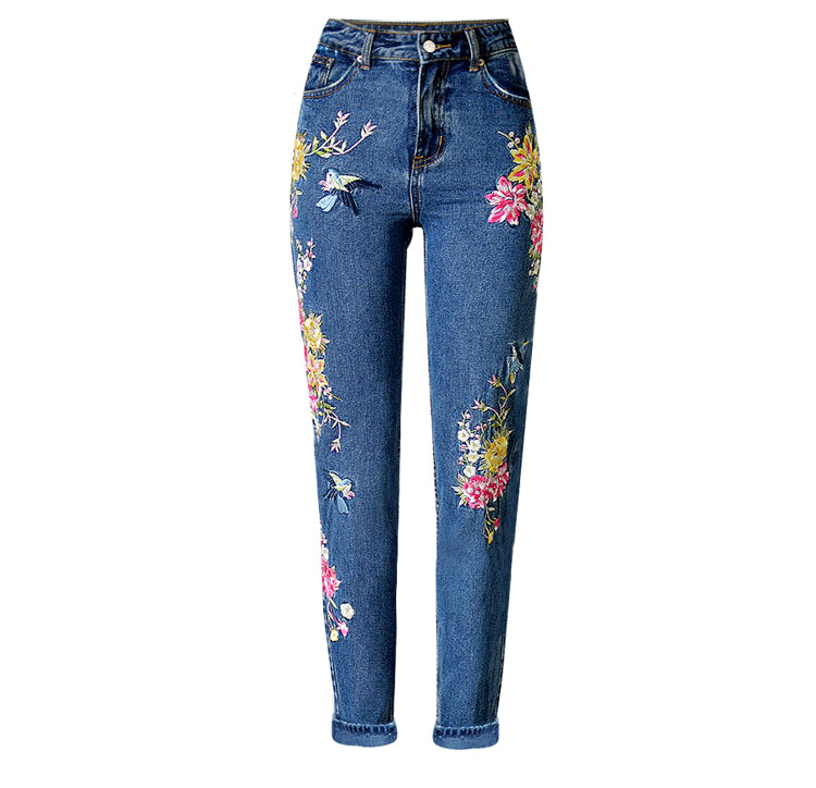 Women's Pop Bird Flower Front and Back Embroidered High Waist Slim Straight Jeans