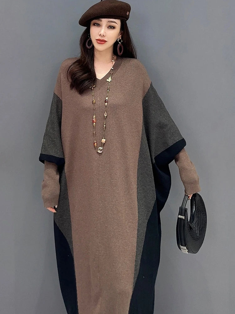 Autumn Bat Sleeve Color Matching Oversize Loose Fashion Women Clothing Sweater Dress