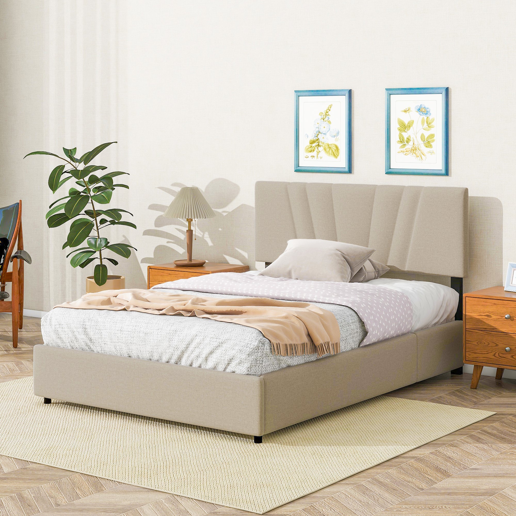 Cama de plataforma tapizada completa con espacio de almacenamiento elevable Marco de cama de tamaño completo con espacio de almacenamiento y cabecera capitoné