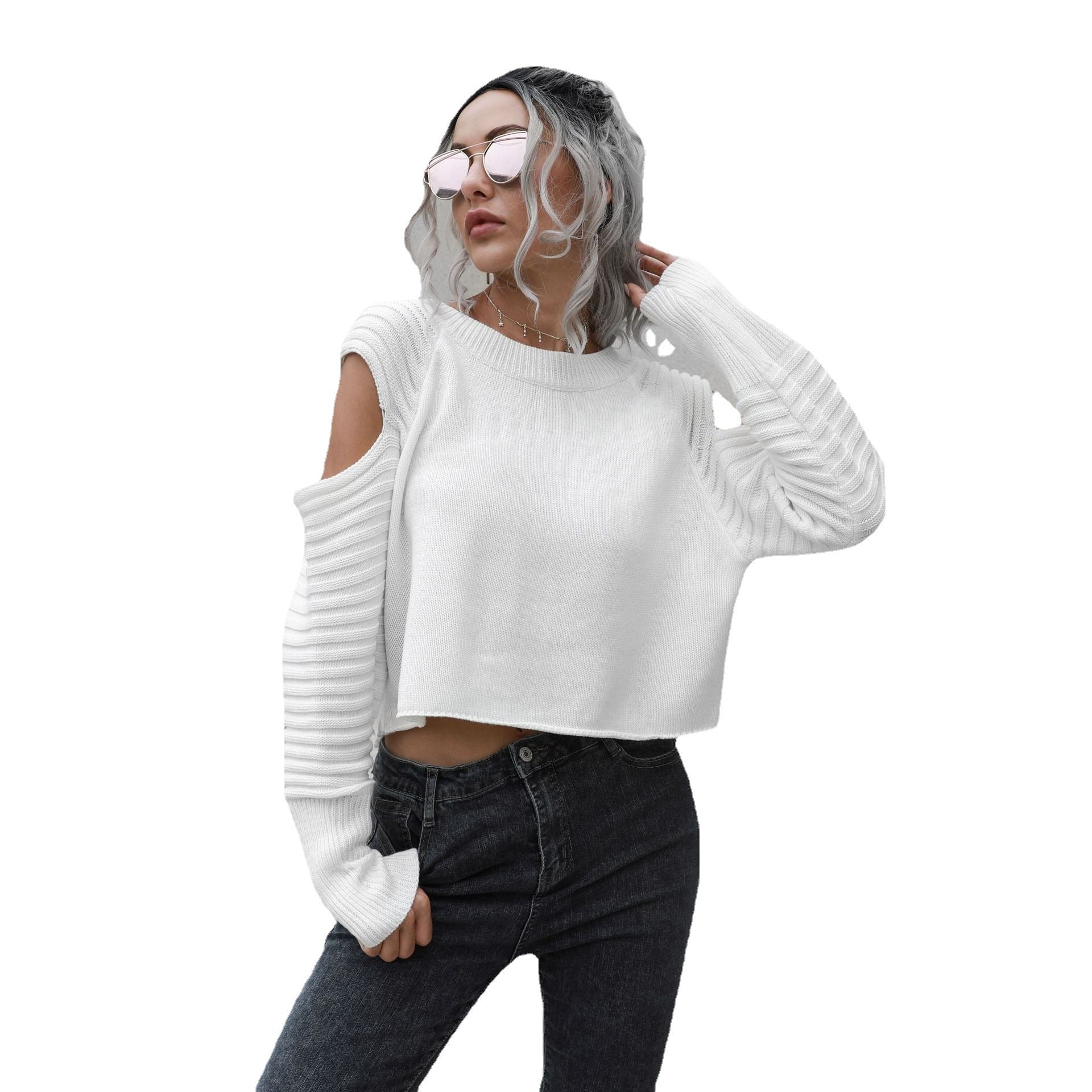 Design Sense Off-Shoulder Short Sweater Women Loose Autumn And Winter Long Sleeve Sweater