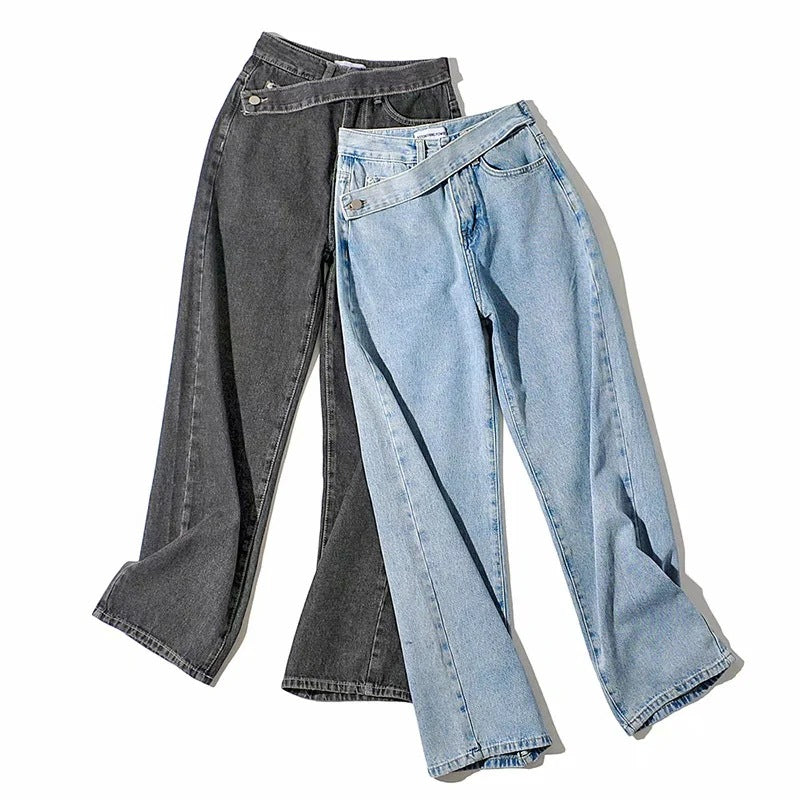 Women's Autumn New Retro Oblique Belt Design High Waist Straight Wide Leg Mopping Long Jeans