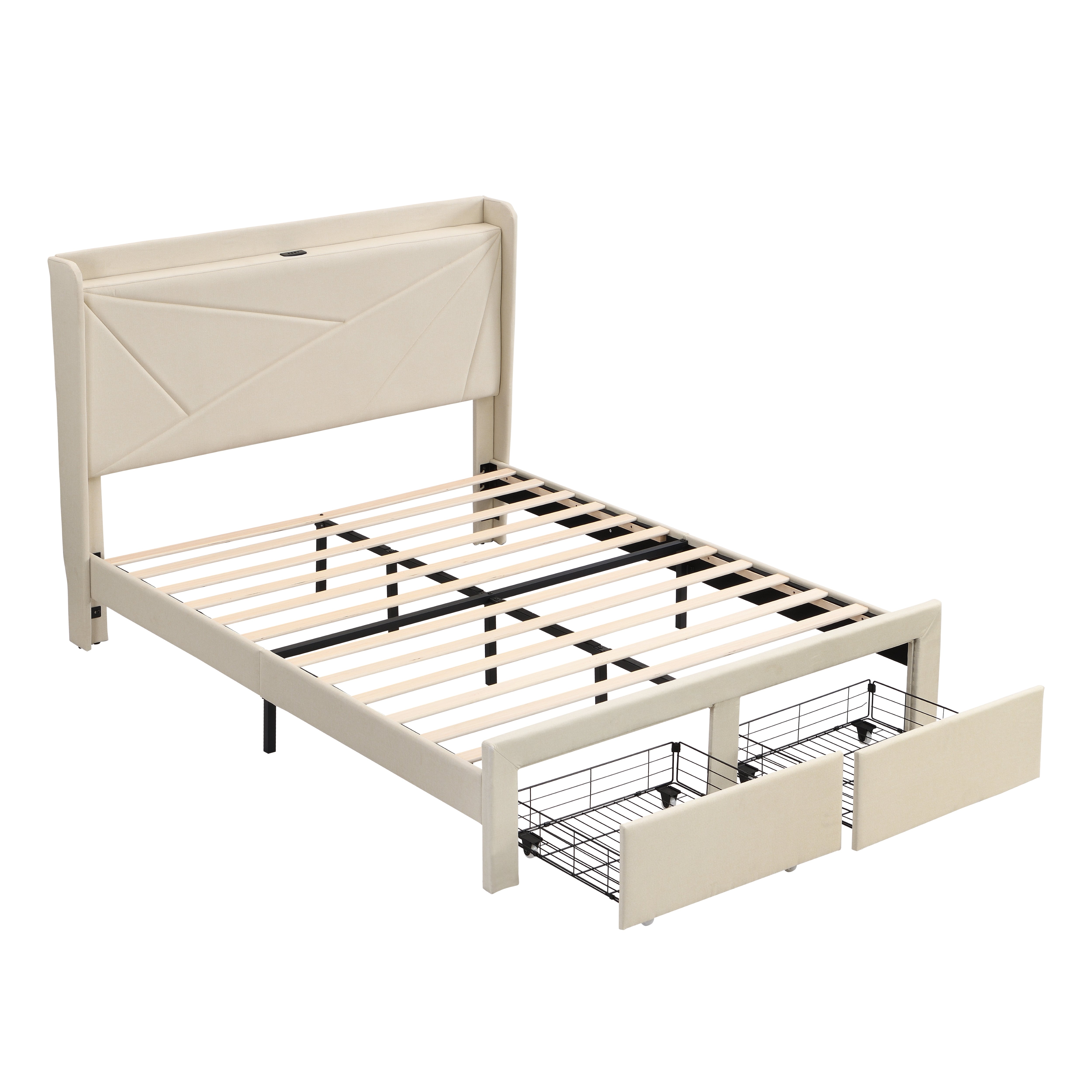 Full Size Bed Frame with 2 Storage Drawers Upholstered Bed Frame Beige