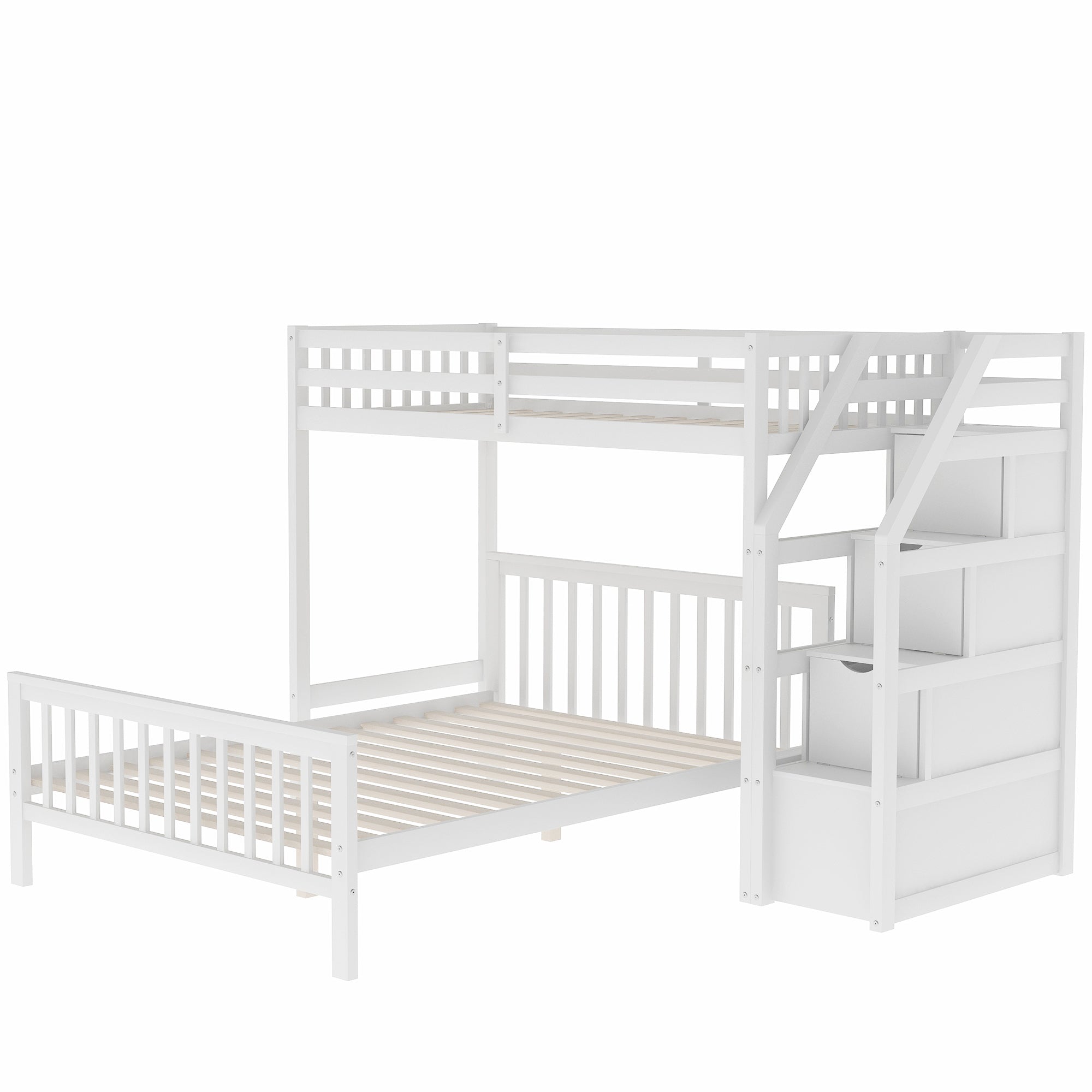 Lit mezzanine simple sur lit double avec escalier, blanc