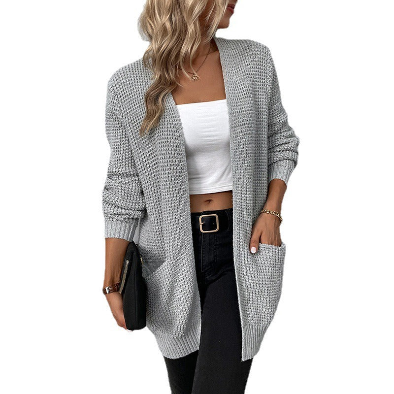 Pull tricoté pour femme, pull à poche de couleur unie, veste cardigan pour femme