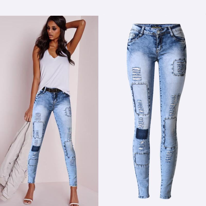 Pantalones vaqueros ajustados de cintura baja con parches de color azul cielo de estilo veraniego para mujer, pantalones vaqueros de tubo de alta elasticidad, pantalones vaqueros sexis con efecto push up, pantalones vaqueros de moda para mujer 