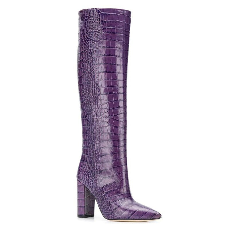 Bottes hautes blanches pour femmes, bottes violettes en relief de crocodile, talons hauts, bottes longues à enfiler, chaussures d'hiver jaunes pour dames