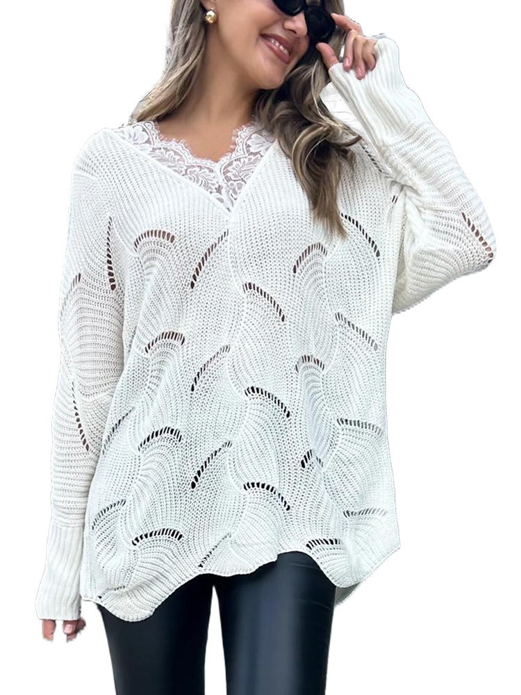 New European and American autumn women's clothing lace splicing medium long white sweater for women