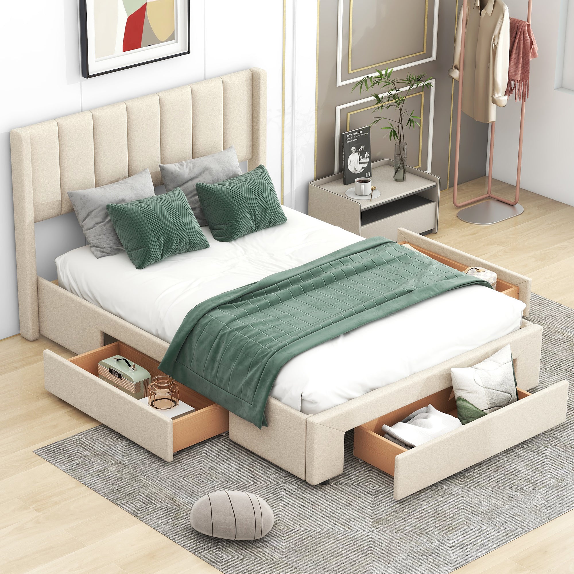 Full Size Upholstered Platform Bed with One Large Drawer in the Footboard and Drawer on Each Side Beige