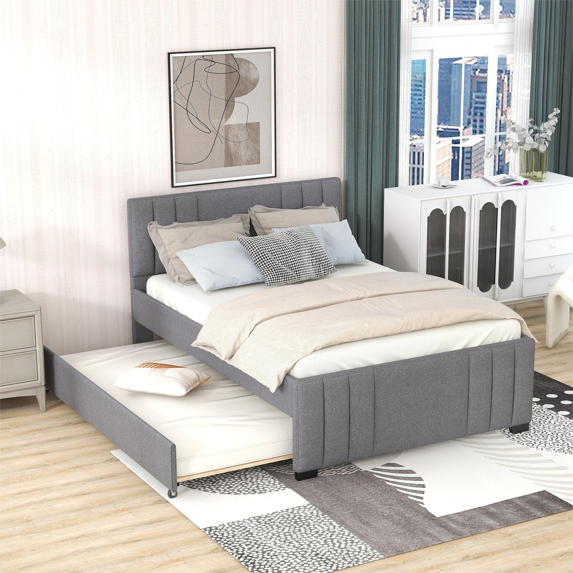 Full Upholstered Platform Bed with Trundle Grey