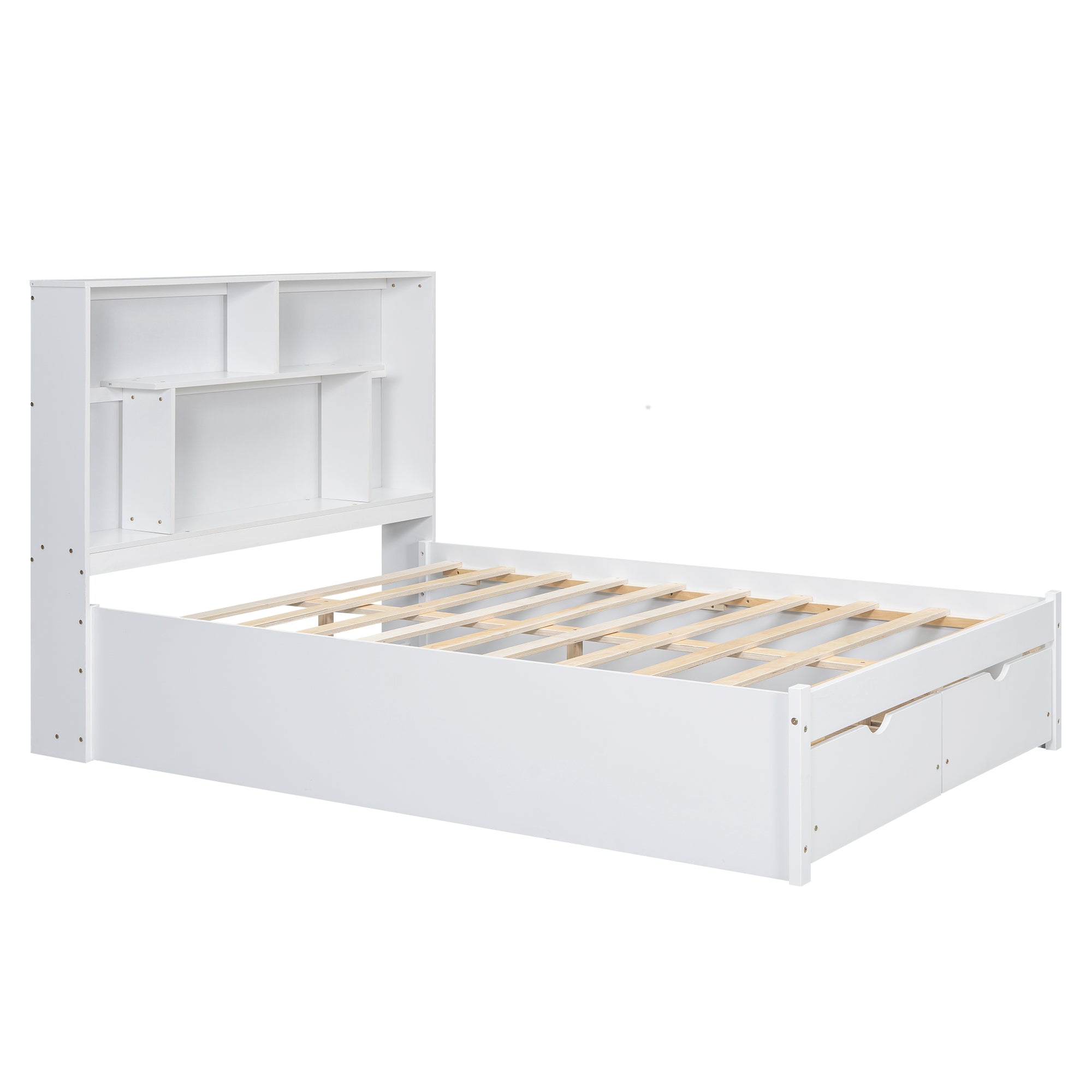 Cama de plataforma de tamaño completo con cabecera con espacio de almacenamiento y 2 cajones, color blanco