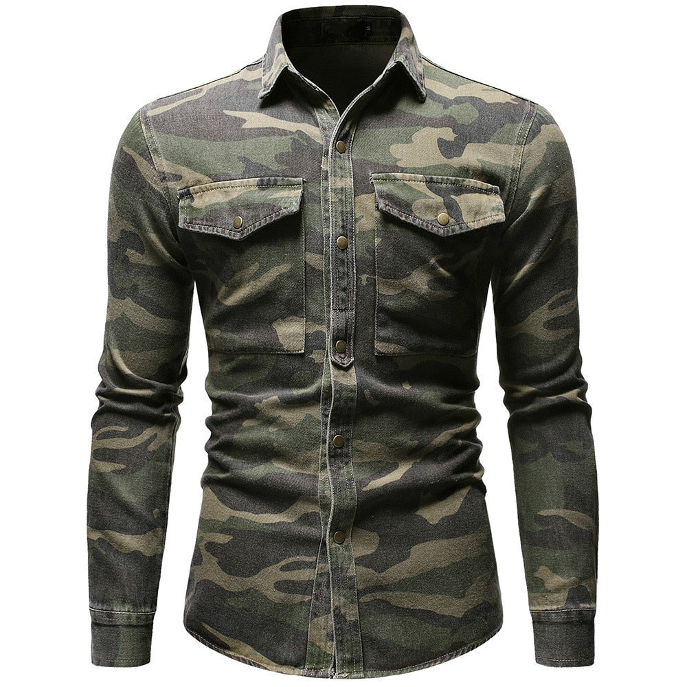 Spring Autumn Camouflage Denim Shirt for Man Army Green Long Sleeved Loose Jeans Shirts Men's Blouse