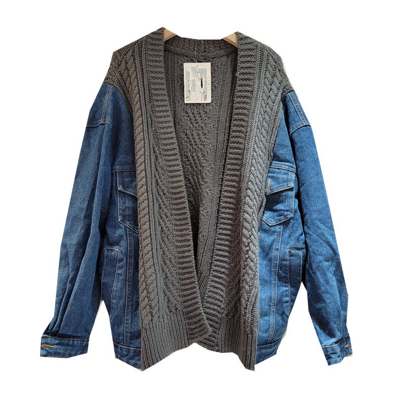 Sweater splicing denim jacket women's long sleeved short knitted cardigan