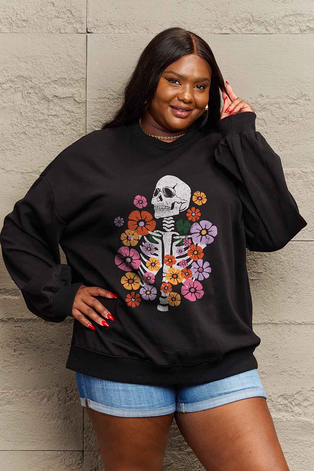 Simply Love Simply Love Full Size Flower Skeleton Graphic Sweatshirt