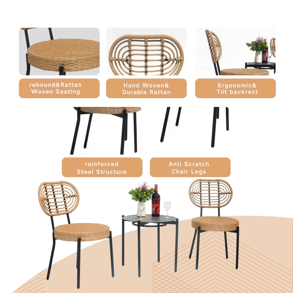 3 Pieces Of Luxury Outdoor Wicker Furniture - Patio Bistro Style Table And Chair Combination - Qreatrz Fashion and Design LLC